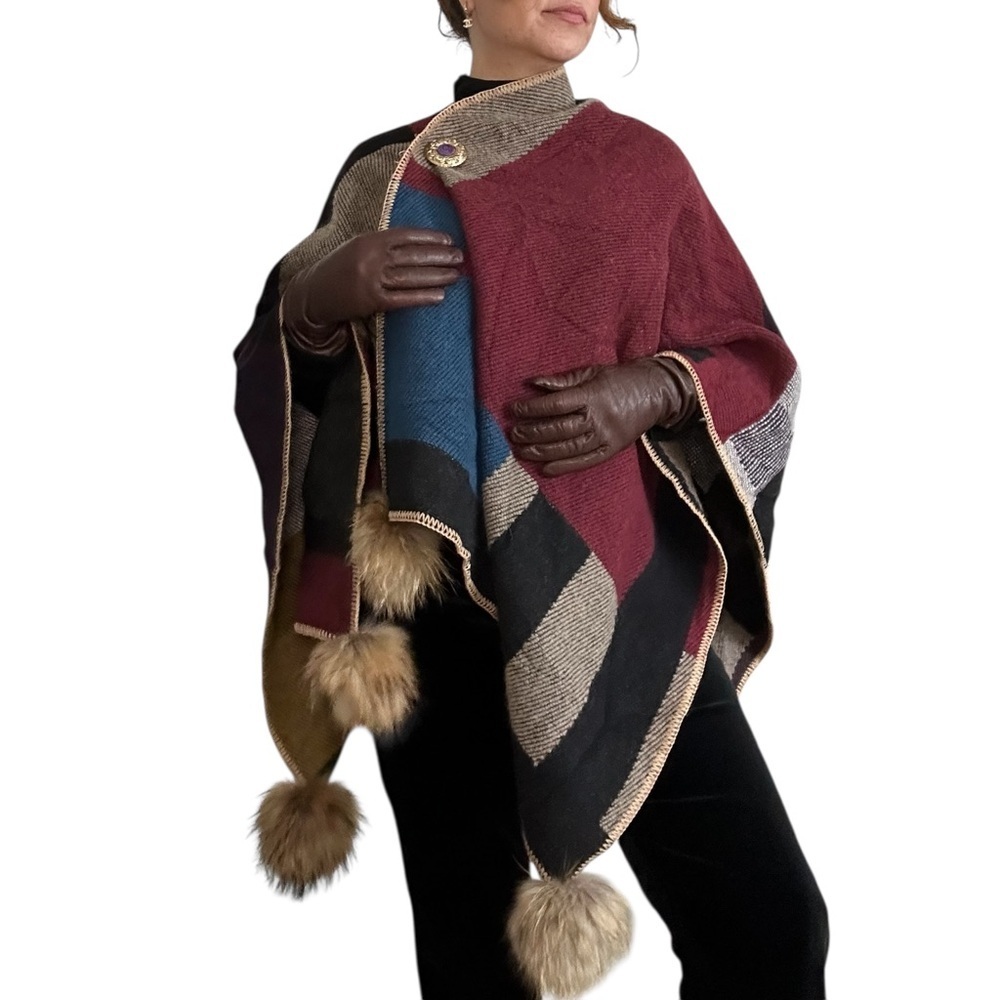 Stunning 100% Wool Cape Poncho with plush Pom accents - one size